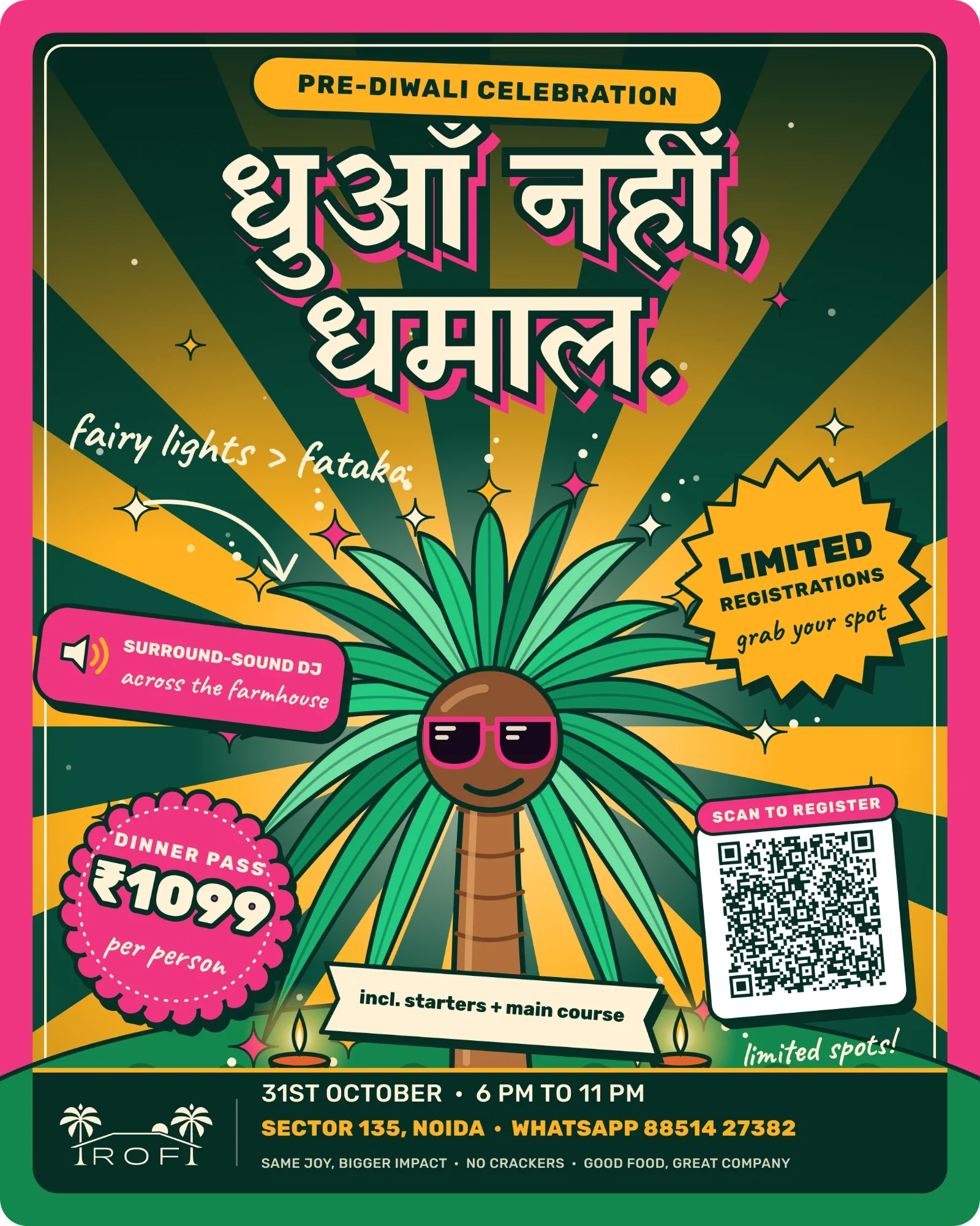 Poster for the Pre-Diwali celebration on 31 October, 6 to 11 PM at Raj Organic Farm: dinner pass ₹1099, surround-sound DJ, no crackers